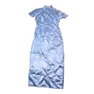 Vintage Golden Bee Ribbon Embroidered Qipao Dress in Blue